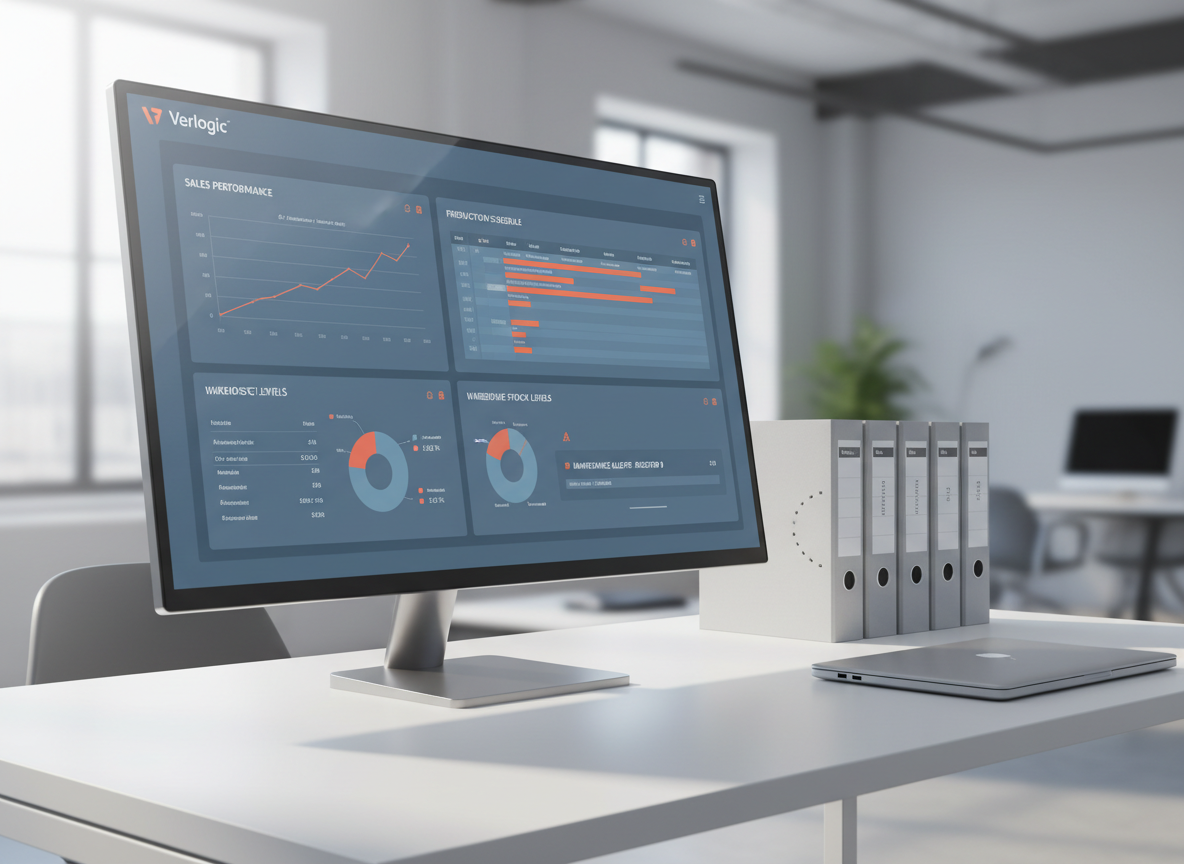 A sleek widescreen computer monitor displays the Verlogic ERP dashboard with clean, modular panels showing sales charts, production schedules, warehouse stock levels, and maintenance alerts in subtle blues and grays with a single accent color. The screen stands on a minimalist white desk next to an organized row of labeled binders and a closed laptop. Soft daylight from a large unseen window washes across a neutral office interior, creating gentle reflections on the monitor’s glass. Photographic realism, eye-level composition with slight angle, sharp focus on the screen while the background softly blurs. The mood is professional, orderly, and efficient, conveying control over complex business processes in a modern, clean environment.